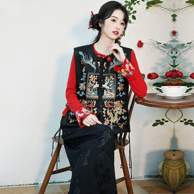 Long-Sleeve Floral Embroidered Faux Pearl Top / High Rise Floral Jacquard Wide Leg Pants / Vest Product Image