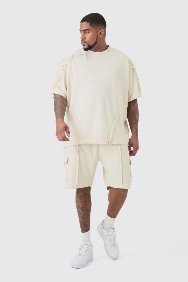 Plus Oversized Extended Neck Distressed Seam T-shirt & Short Set | boohooMAN USA Product Image