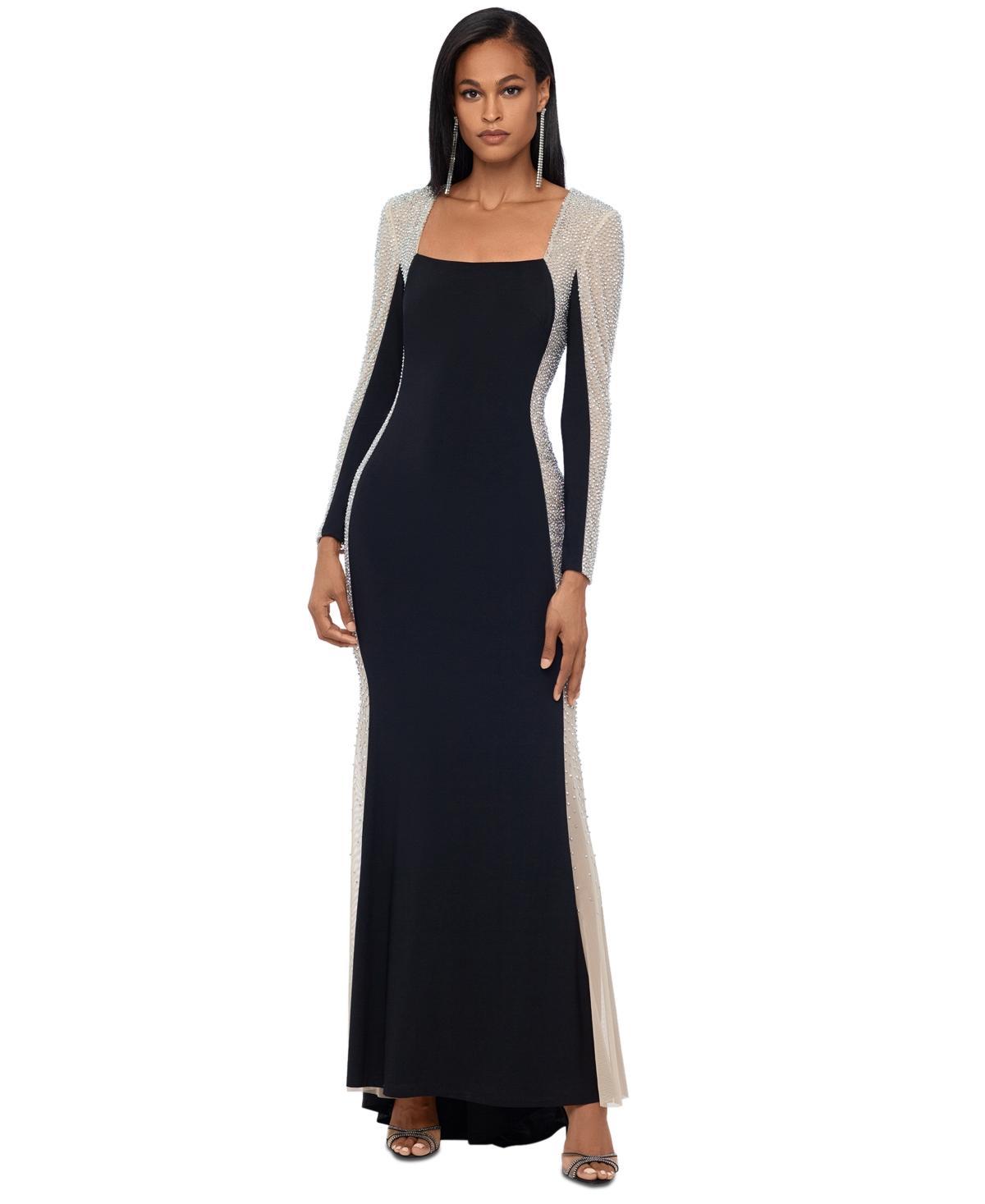 Xscape Petite Size Long Sleeve Square Neck Caviar Beaded Mesh Panels Sheath Gown Product Image