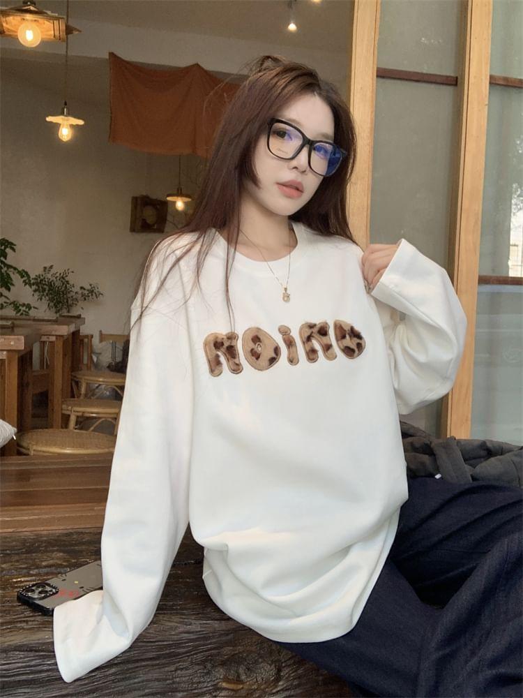 Long-Sleeve Round Neck Lettering Embroidered T-Shirt Product Image