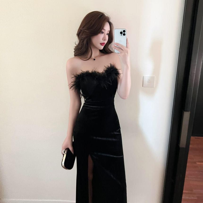 Strapless Fluffy Trim Velvet Slit Bodycon Maxi Dress Product Image