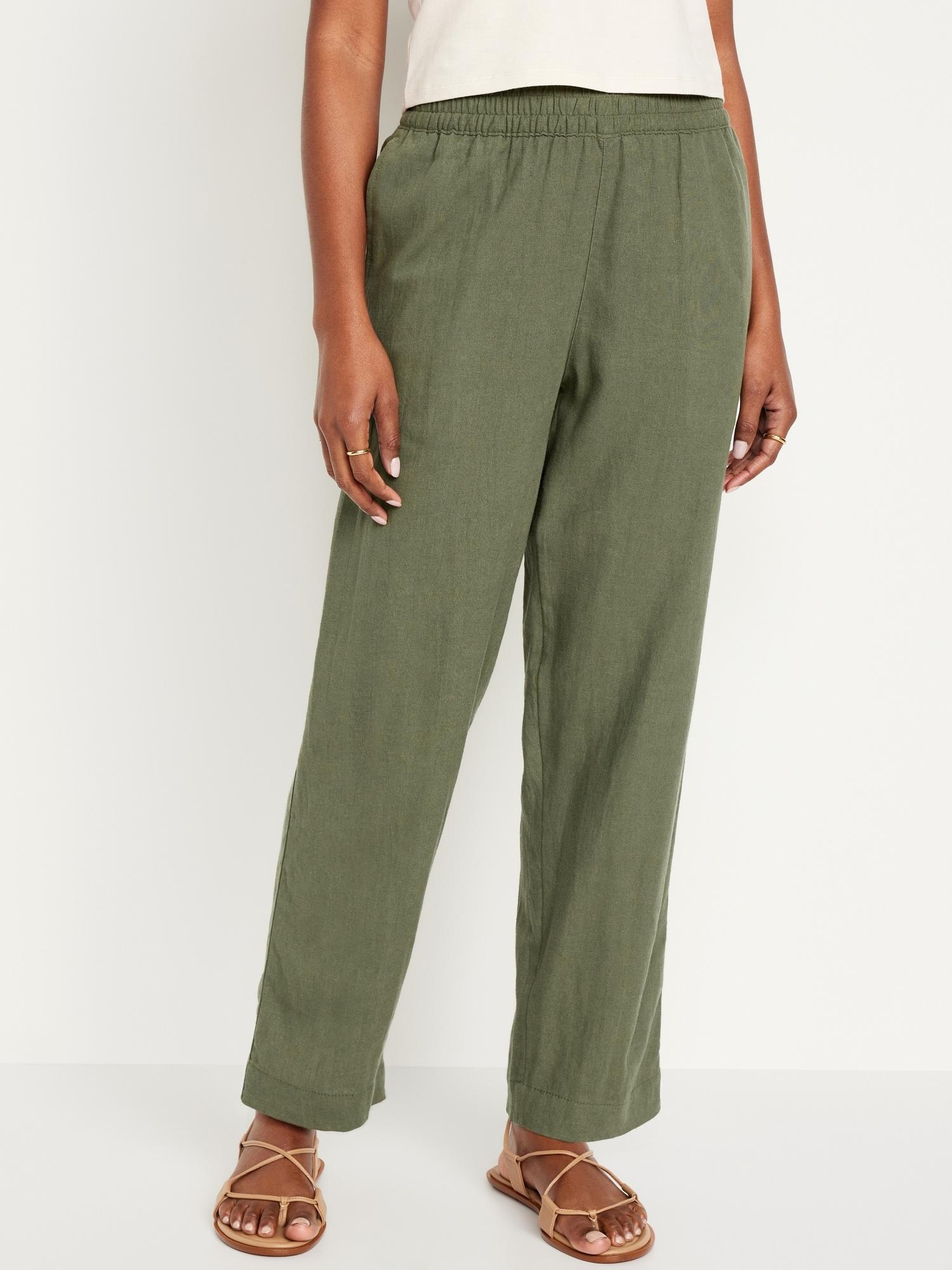 High-Waisted Linen-Blend Straight Pants Product Image