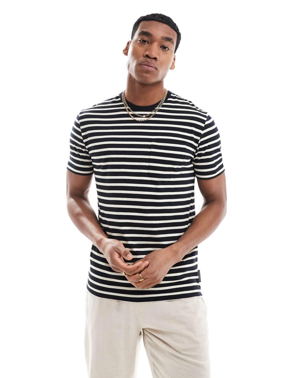 French Connection mid stripe yarn dye pocket t-shirt in navy & ecru Product Image