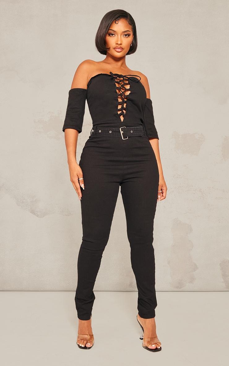 Shape Black Lace Up Bardot Stretch Denim Jumpsuit Product Image