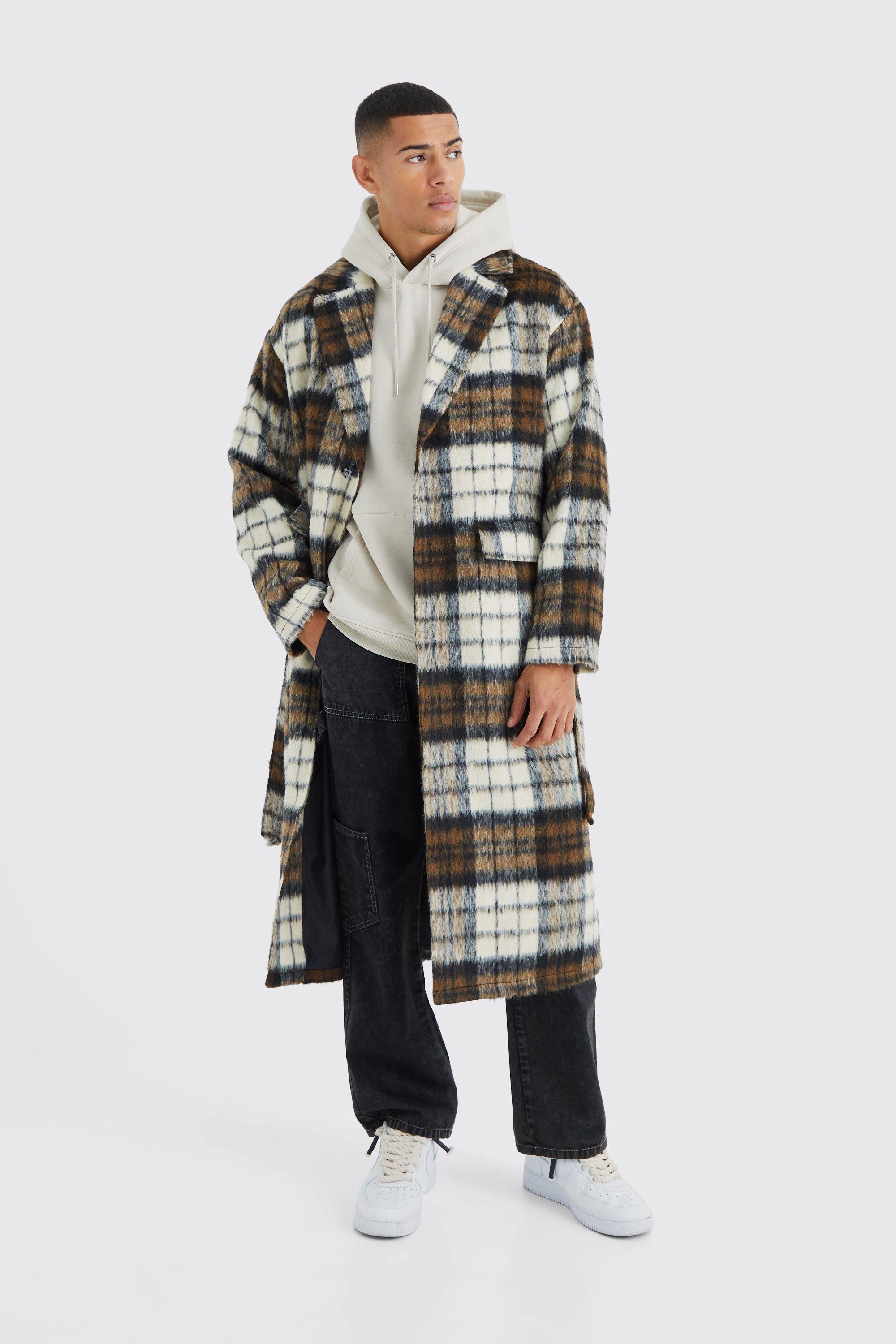 Longline Brushed Plaid Belted Overcoat | boohooMAN USA Product Image