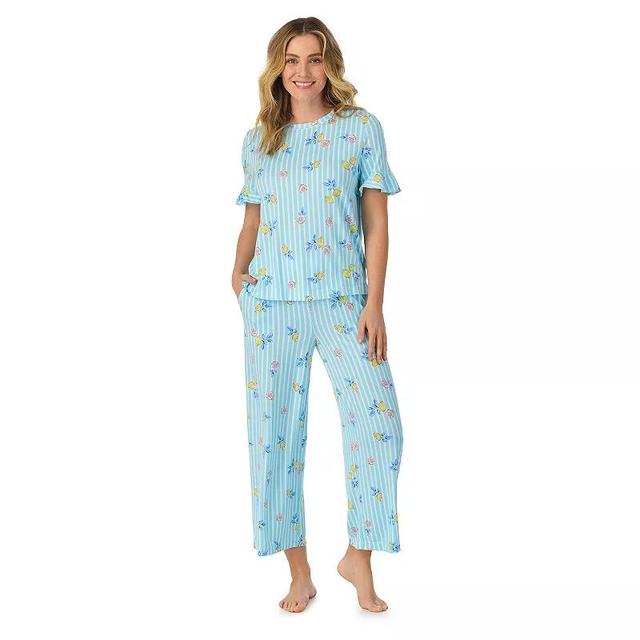 Womens Cuddl Duds Cozy Short Sleeve Pajama Top & Cropped Pajama Pants Set Green Lemons Product Image