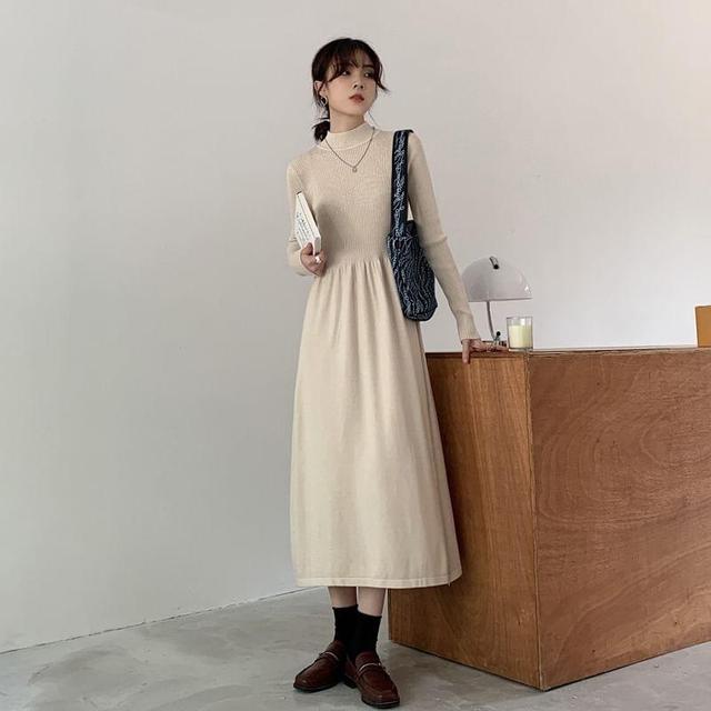 Long Sleeve Mock Neck Plain Gathered Knit A-Line Dress (Various Designs) Product Image