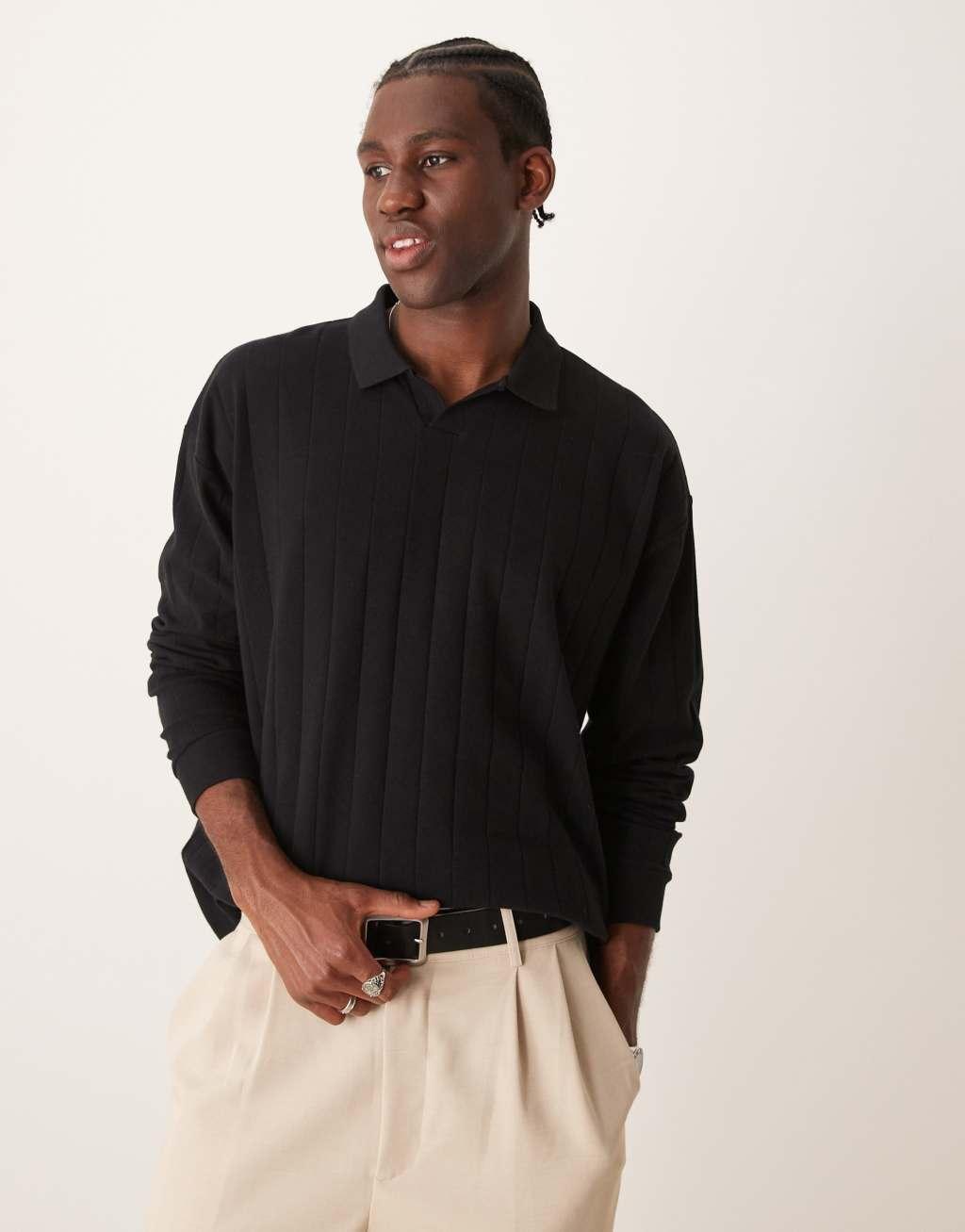 ASOS DESIGN oversized long sleeve polo with revere collar in black Product Image