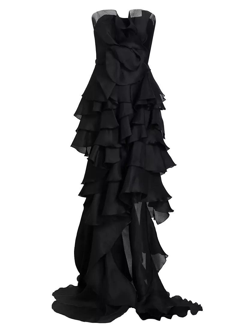 Womens Ruffled Silk Strapless Gown Product Image