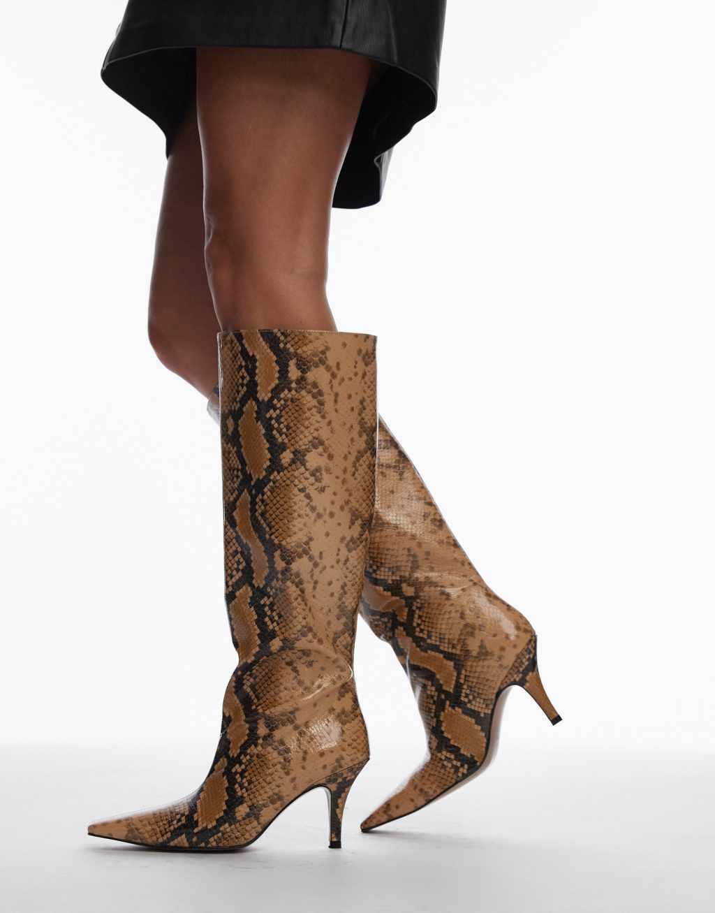 Mango snake print knee high heeled boots in gray Product Image