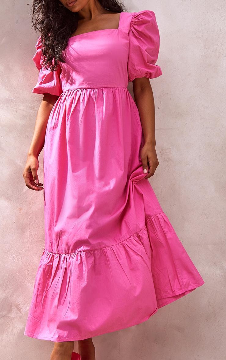 Hot Pink Woven Puff Sleeve Square Neck Midaxi Dress Product Image