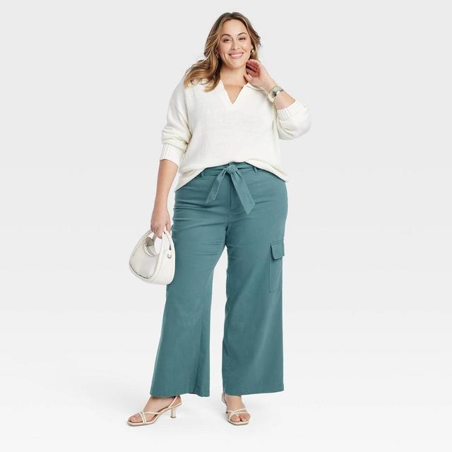 Womens High-Rise Wide Leg Cargo Pants - Ava & Viv Blue 22 Product Image