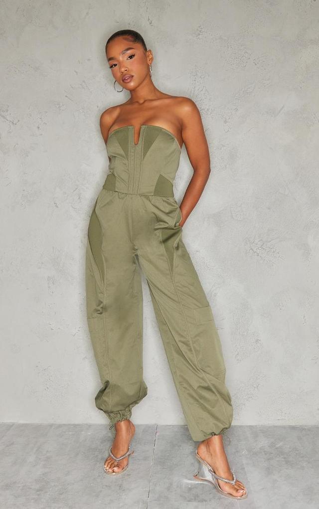 Khaki Contrast Panel V Bar Cargo Jumpsuit Product Image