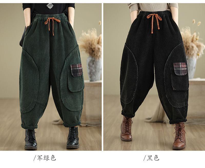 Drawstring Waist Plaid Panel Corduroy Cropped Baggy Pants Product Image