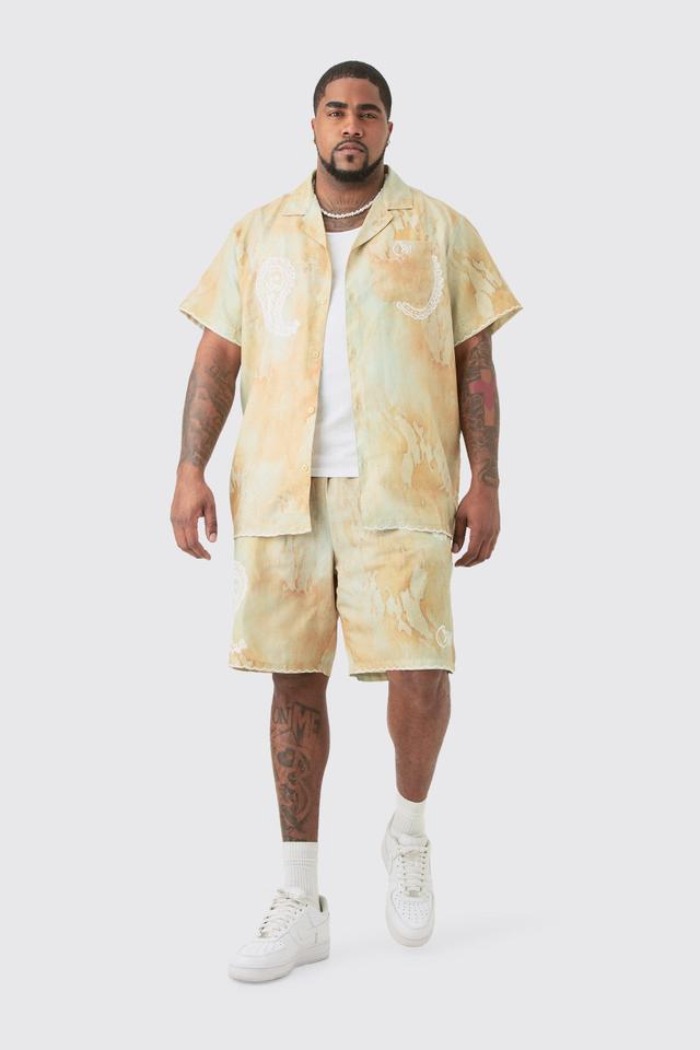 Plus Linen Look Tie Dye Paisley Embroidered Shirt & Short Set | boohooMAN USA Product Image