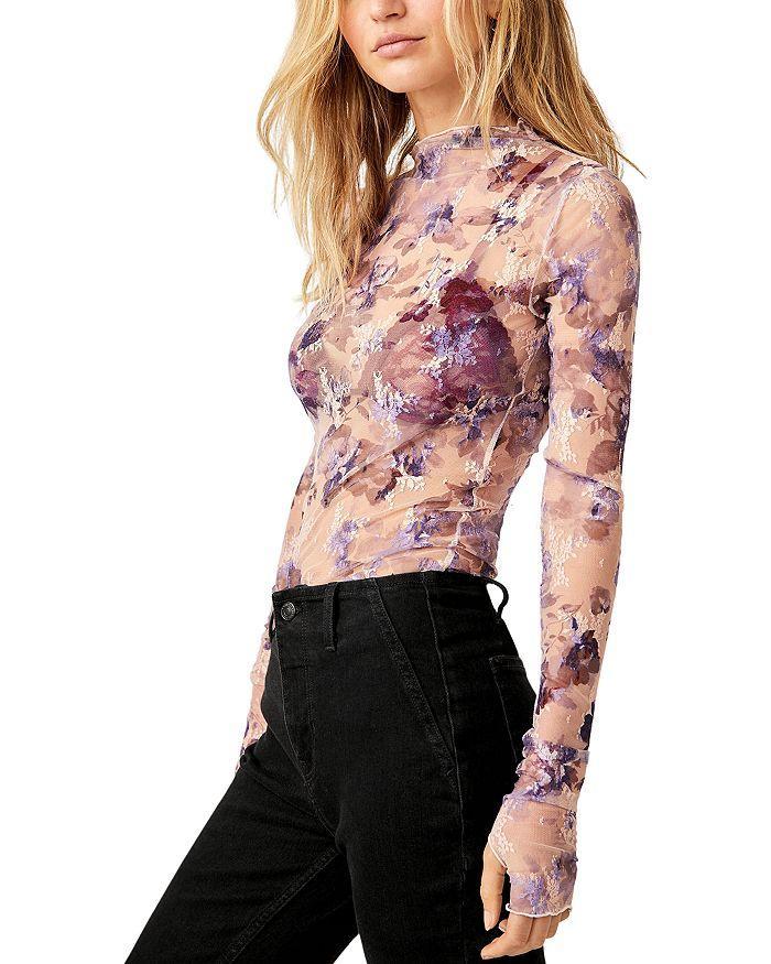 Printed Lady Sheer Embroidered Long Sleeve Top In Fallen Rose Product Image