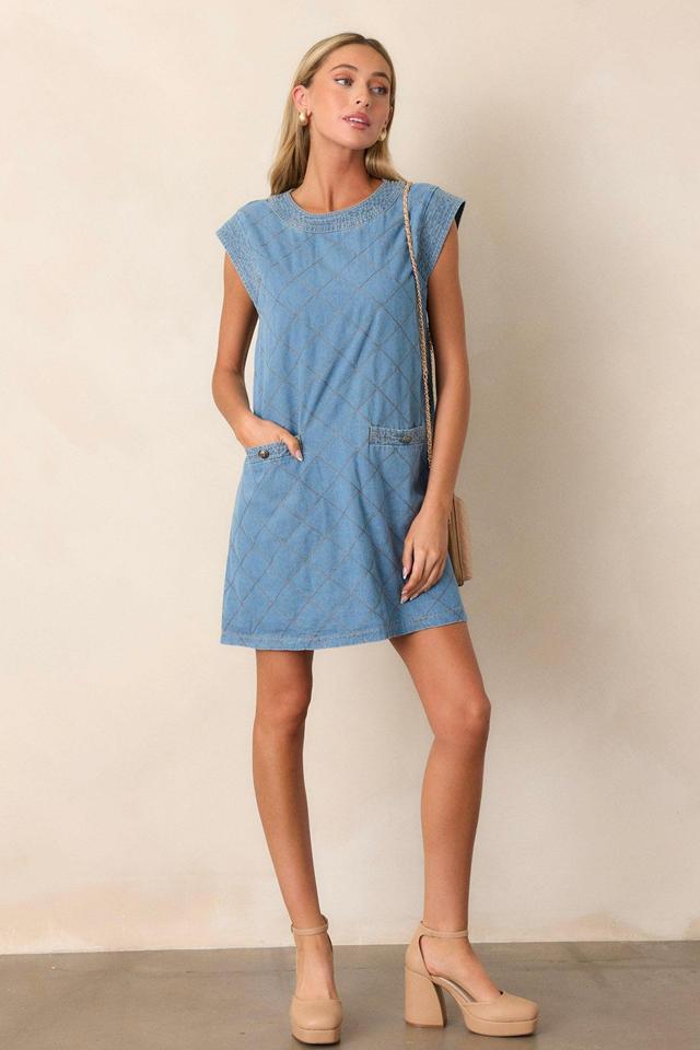 Just Wondering Light Chambray Quilted Mini Dress Product Image