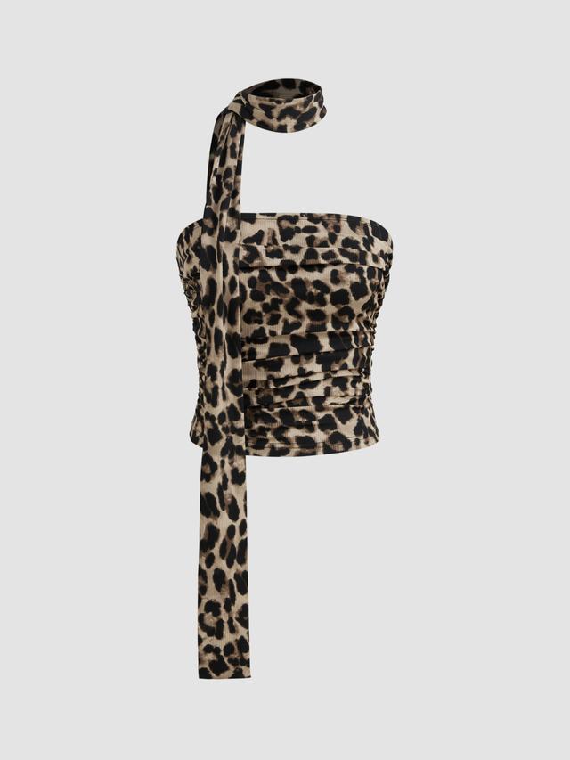 Leopard Print Ruched Tube Top With Scarf Product Image