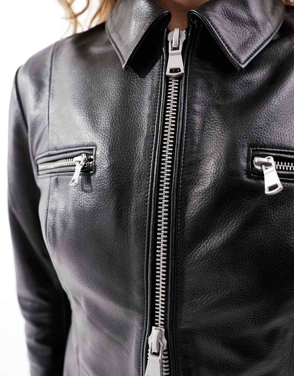 Reclaimed Vintage real leather fitted biker jacket in black Product Image