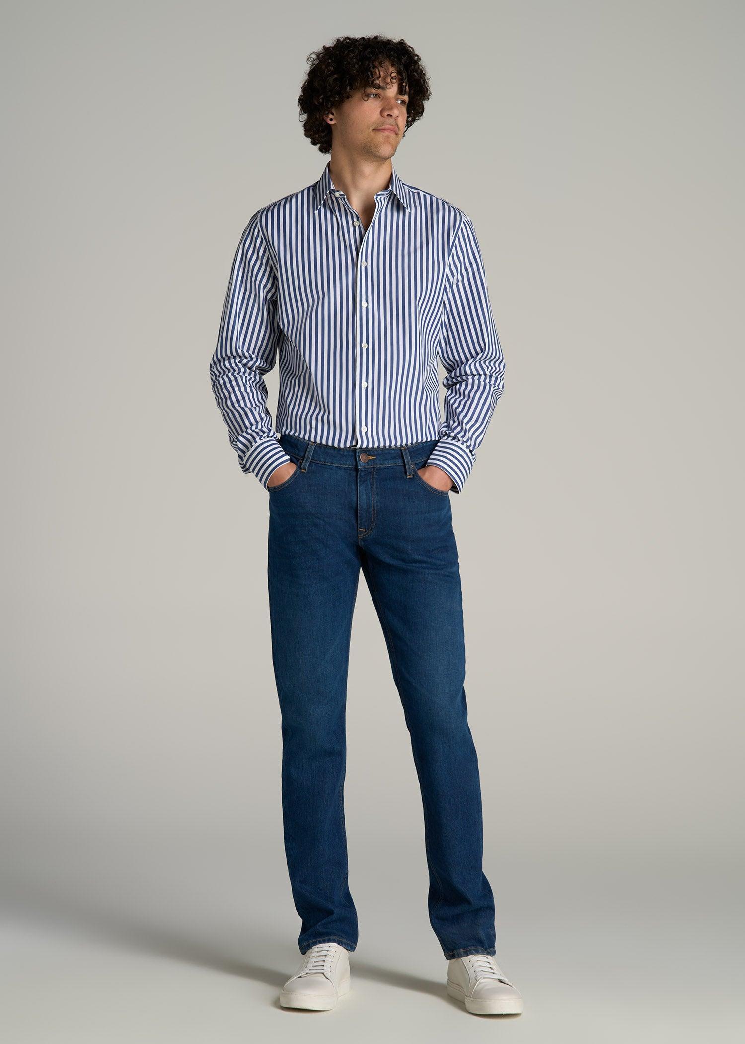 Premium Dress Shirt for Tall Men in Bold Blue Stripe Product Image