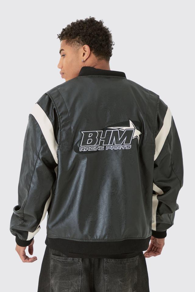 Oversized Colour Block Detail Moto Badge Bomber Jacket In Black | boohooMAN USA Product Image