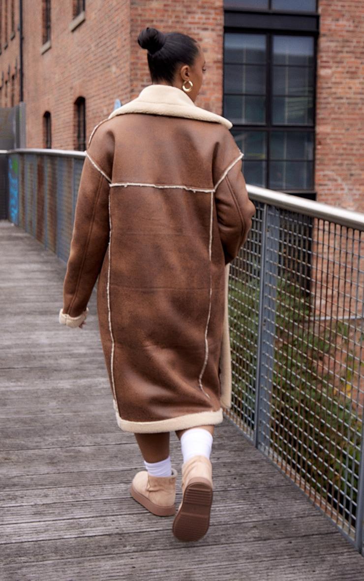 Plus Brown Faux Suede Borg Trim Maxi Coat Product Image