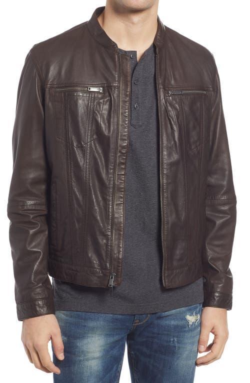 Mens Band Collar Leather Jacket Product Image