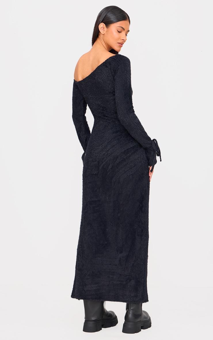 Black Fluffy One Shoulder Maxi Dress Product Image