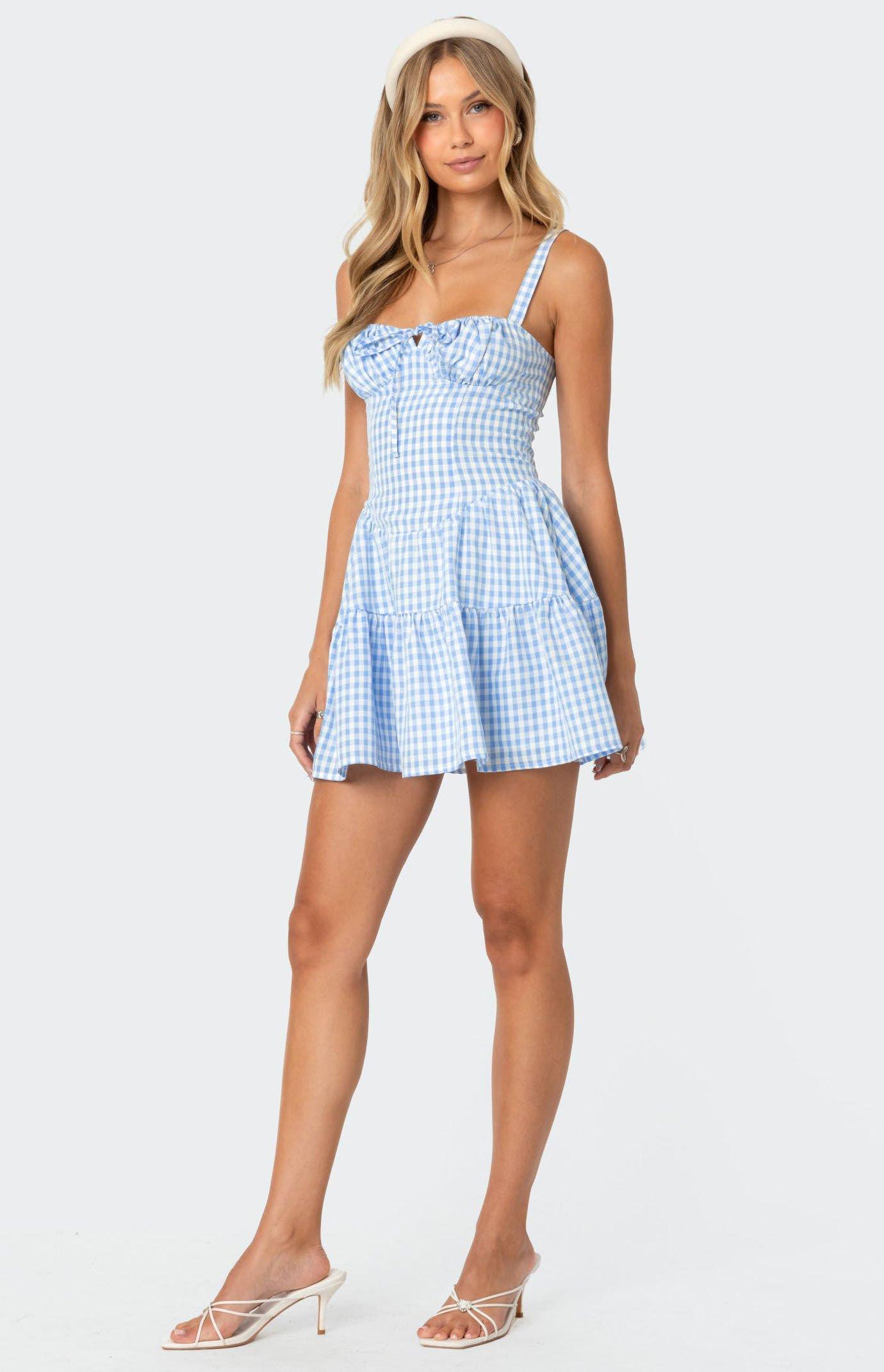 Edikted Women's Basil Cupped Gingham Mini Dress in Blue/White - Product Image