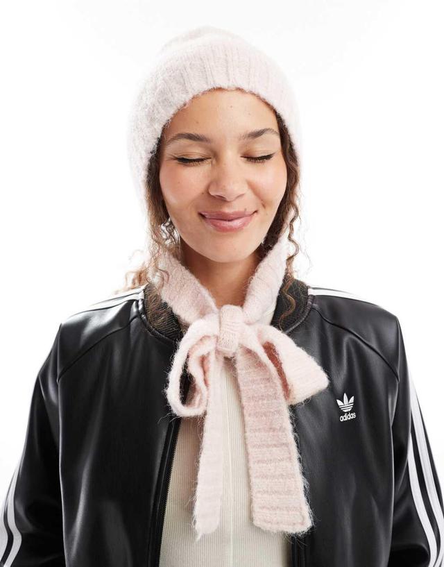 Monki knitted bonnet tie up balaclava in light dusty pink Product Image