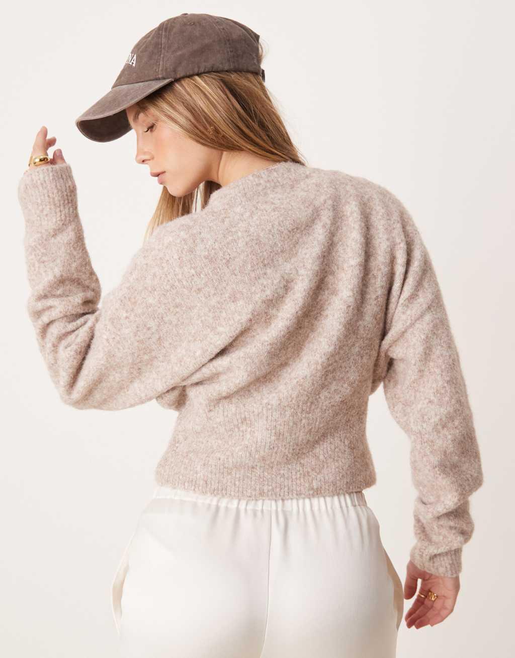 ASOS DESIGN crew neck sweater with zip rib hem in taupe Product Image