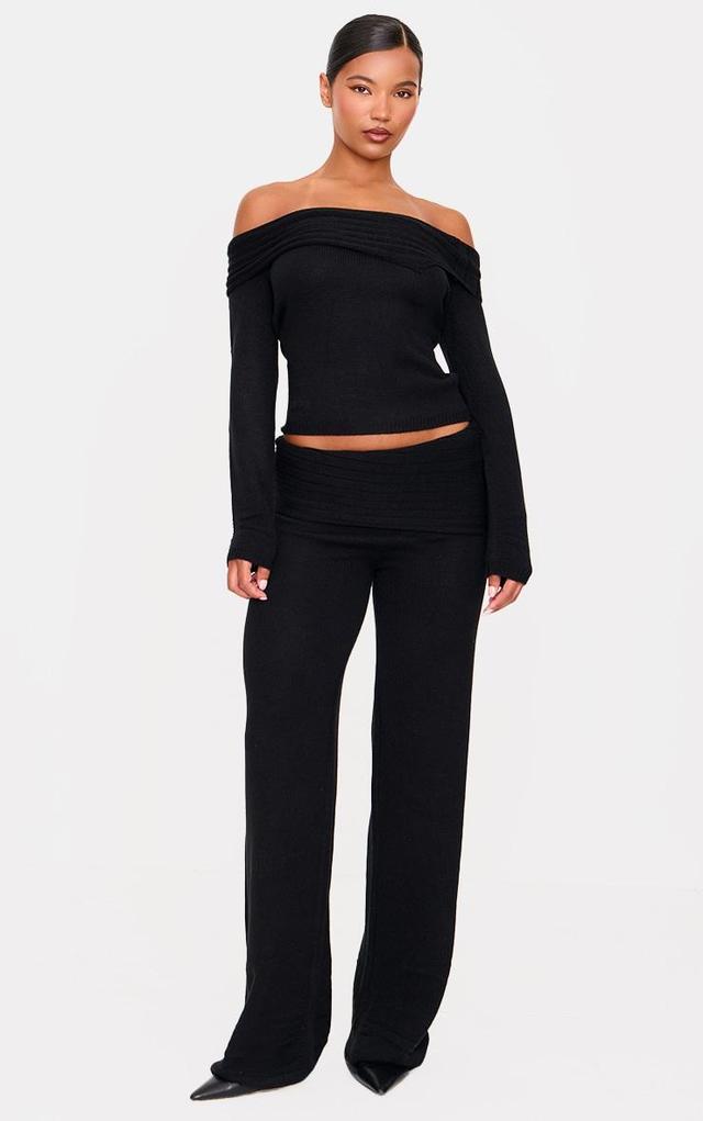 Black Knitted Fold Over Wide Leg Pants Product Image