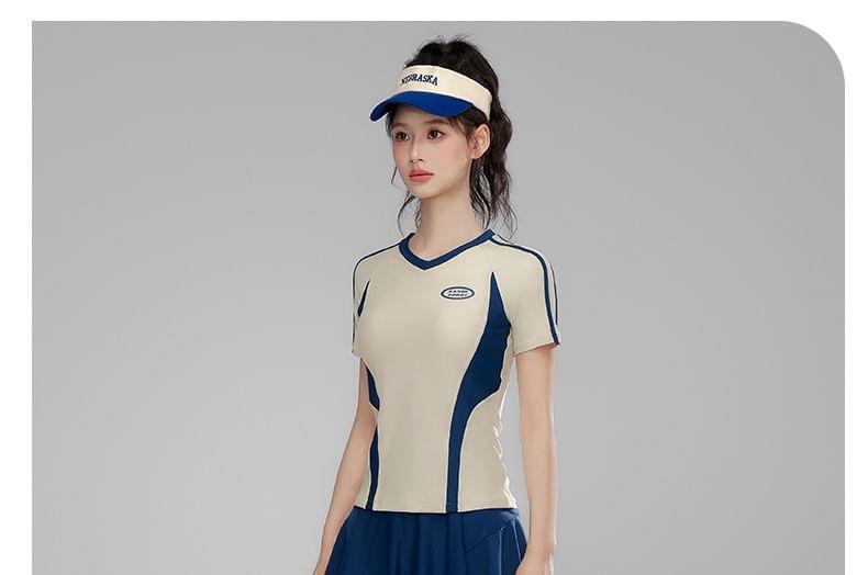 Set: Short-Sleeve Color Block Swim Top + Swim Skirt Product Image