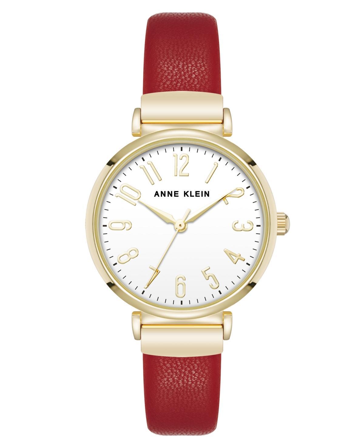 Anne Klein Womens Quartz Round Easy to Read Red Faux Leather and Gold-Tone Alloy Metal Watch, 32mm - Red/Gold-Tone Product Image