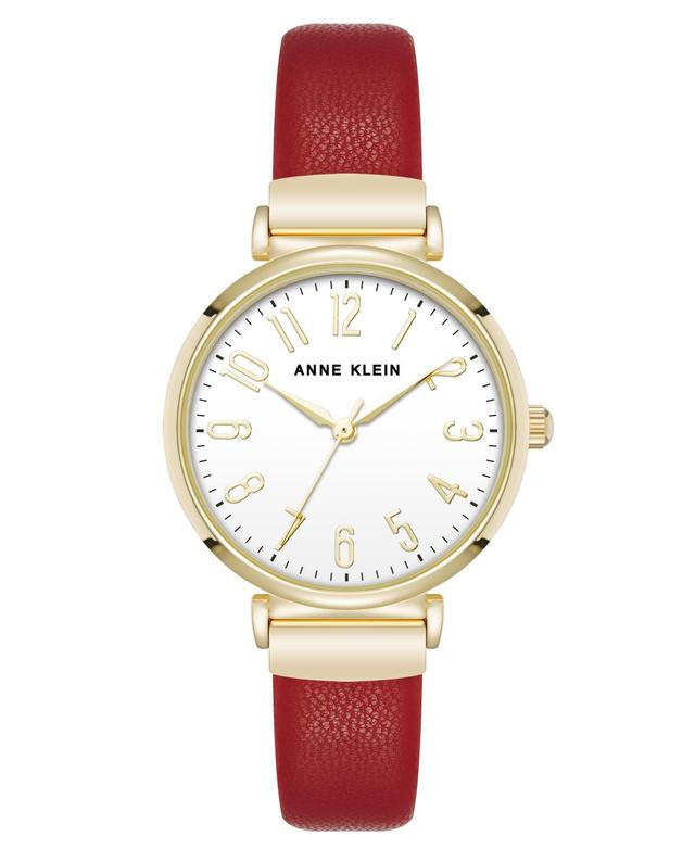 Anne Klein Womens Quartz Round Easy to Read Red Faux Leather and Gold-Tone Alloy Metal Watch, 32mm - Red/Gold-Tone Product Image