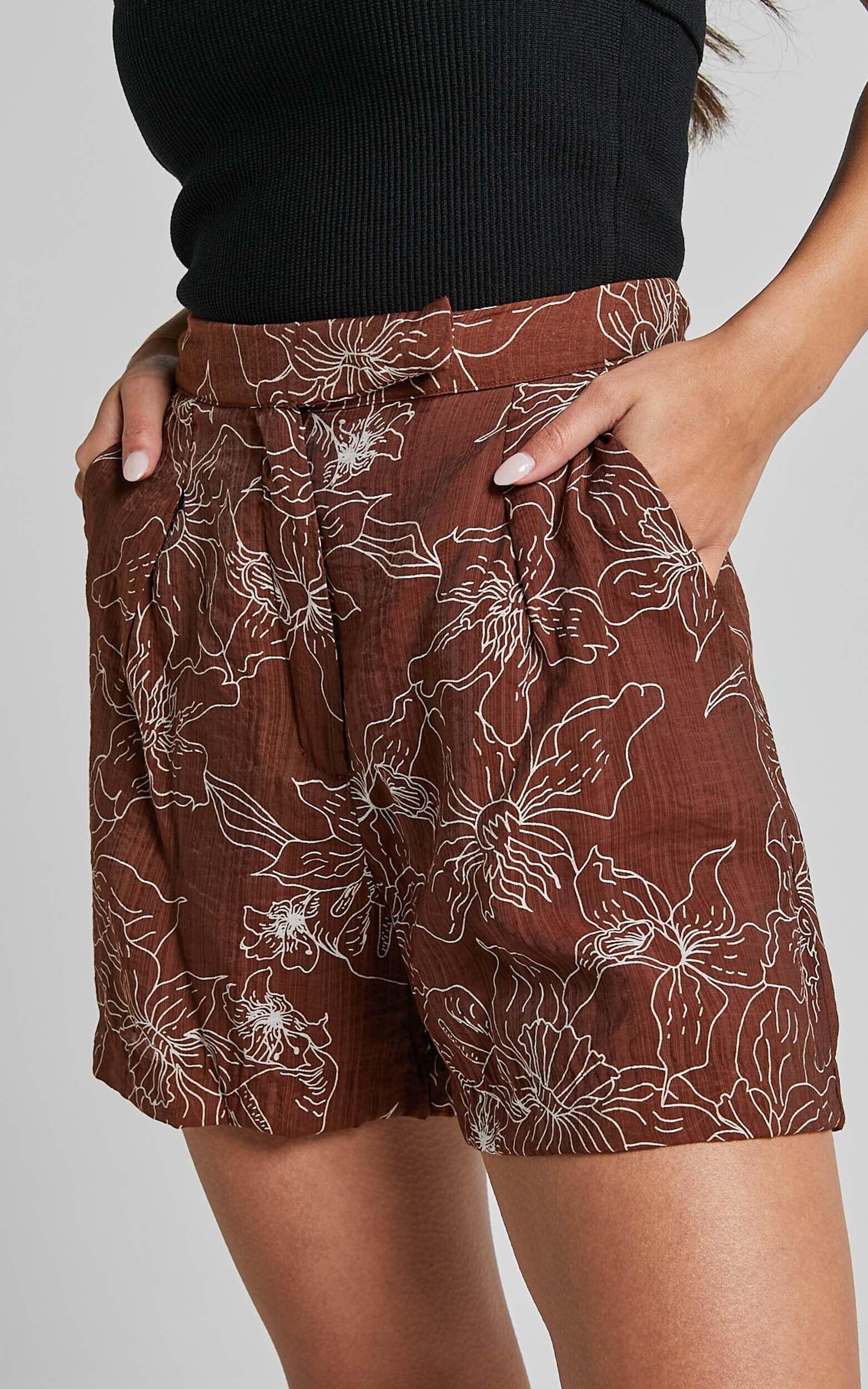 Alofi Shorts - High Waisted Tailored Soft Shorts in Brown Floral Product Image