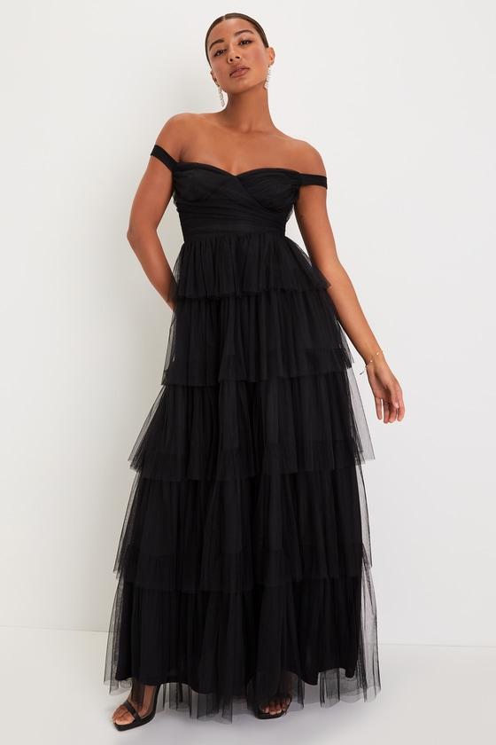 Flawless Presence Black Mesh Off-the-Shoulder Tiered Maxi Dress Product Image