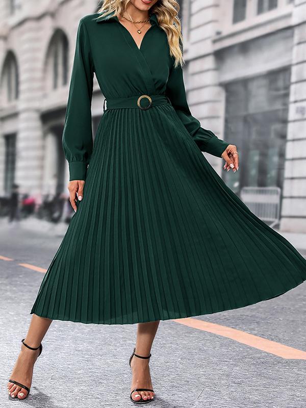 A-Line Long Sleeves Belted Buttoned Pleated Lapel Midi Dresses product image