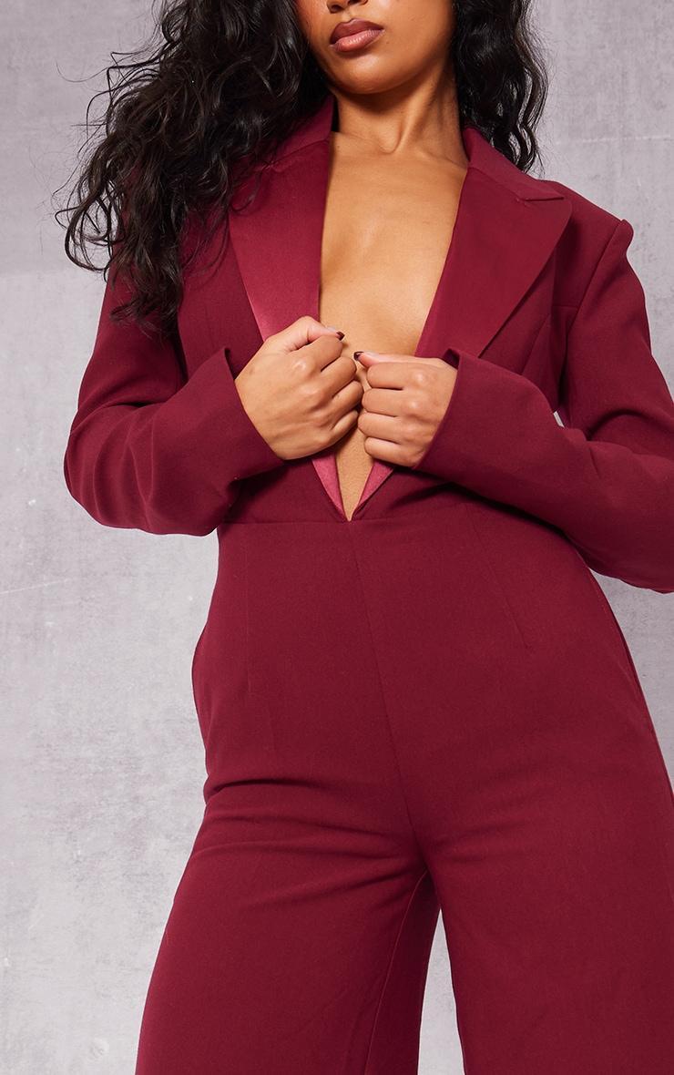 Burgundy Tailored Satin Lapel Straight Leg Jumpsuit Product Image