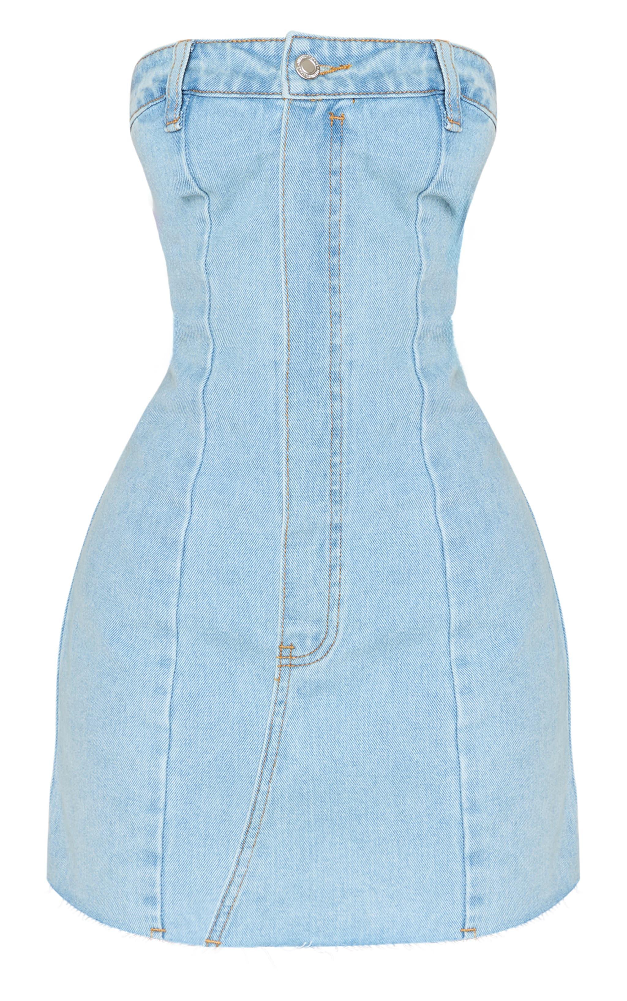 Petite Light Blue Wash Denim Bandeau Mini Dress Product Image