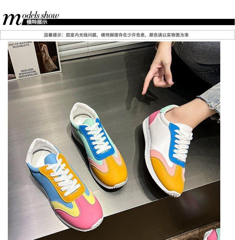 Color Block Lace-Up Faux Leather Sneakers Product Image