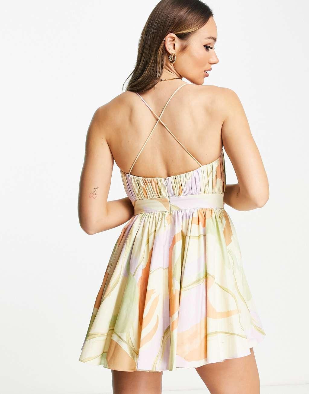 ASOS DESIGN cotton structured prom mini dress with corset detail in swirl print Product Image