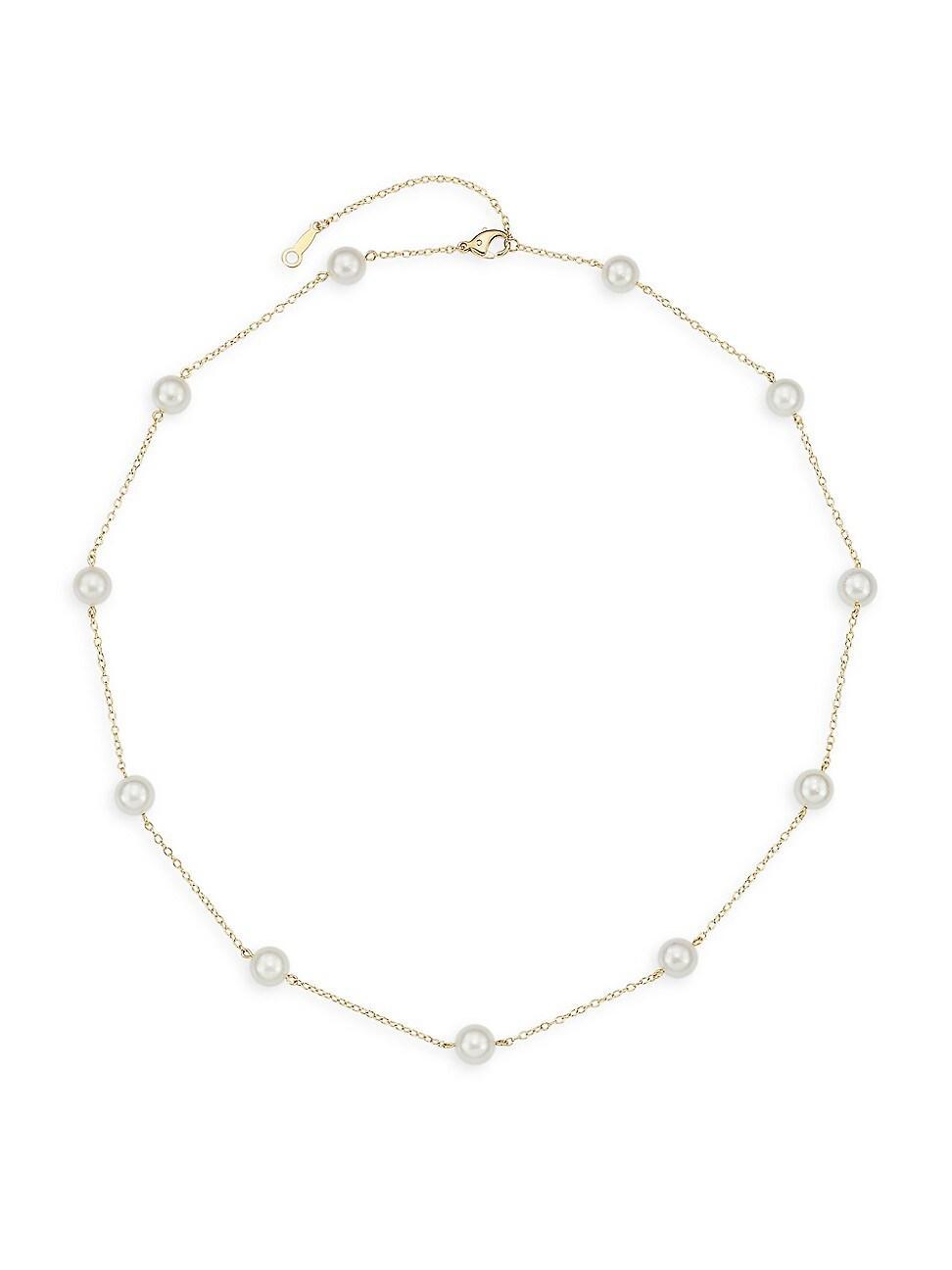 Womens 18K Yellow Gold & 6.5MM Cultured Akoya Pearl Station Necklace Product Image