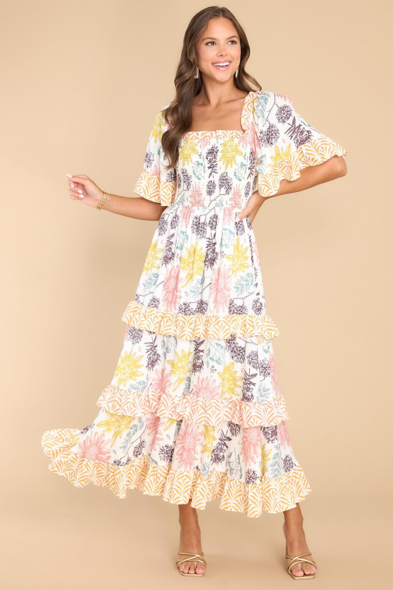 Aura Stay Awhile Ivory Floral Print Maxi Dress Product Image