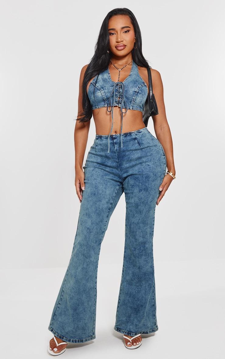 Shape Light Blue Wash Denim Lace Up Front Flare Jeans product image