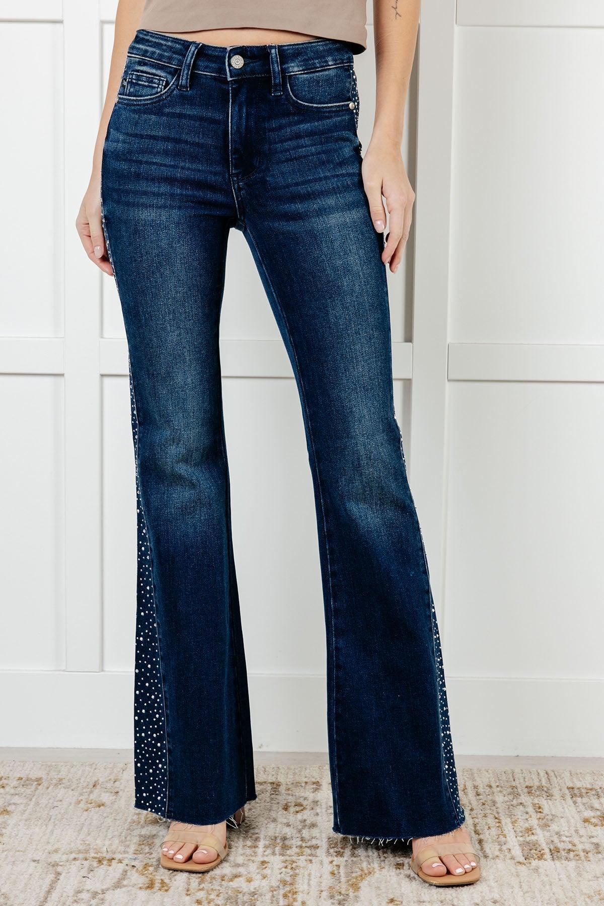 Judy Blue Mid Rise Rhinestone Detail Flare Jeans Female Product Image