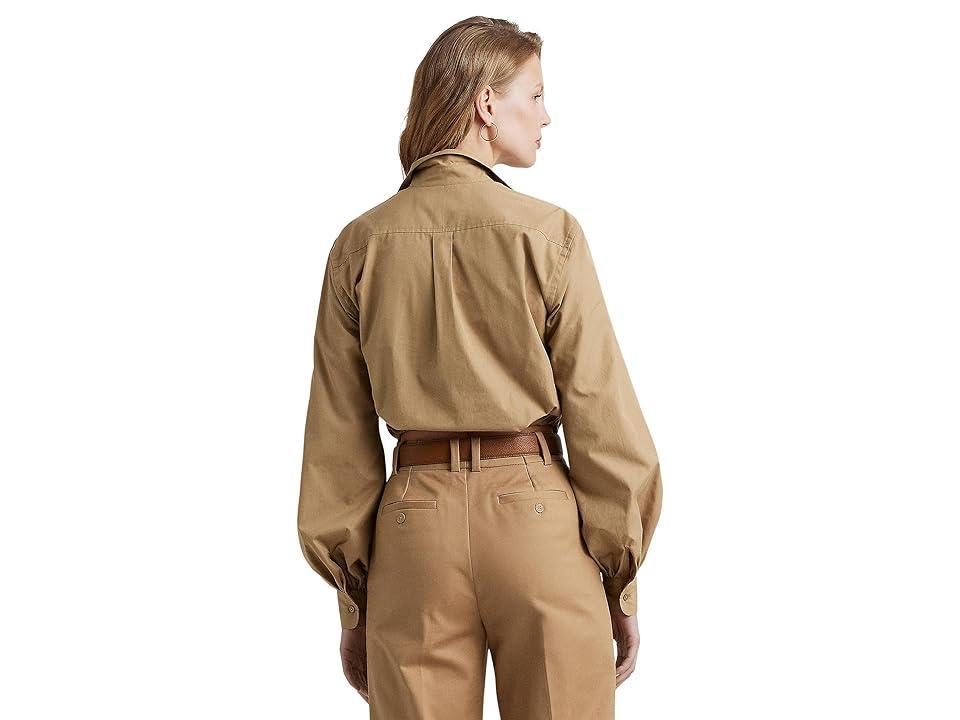 LAUREN Ralph Lauren Twist-Front Broadcloth Cropped Shirt (Classic Camel) Women's Clothing Product Image