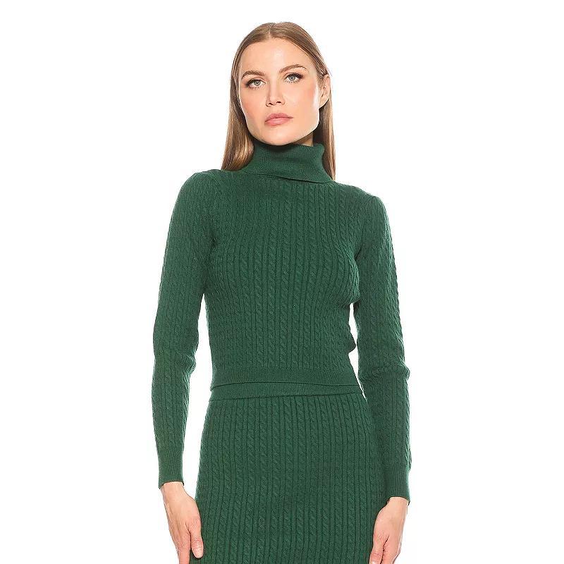 Womens ALEXIA ADMOR Nova Turtleneck Puff Sleeve Cable Knit Sweater Black Green Product Image