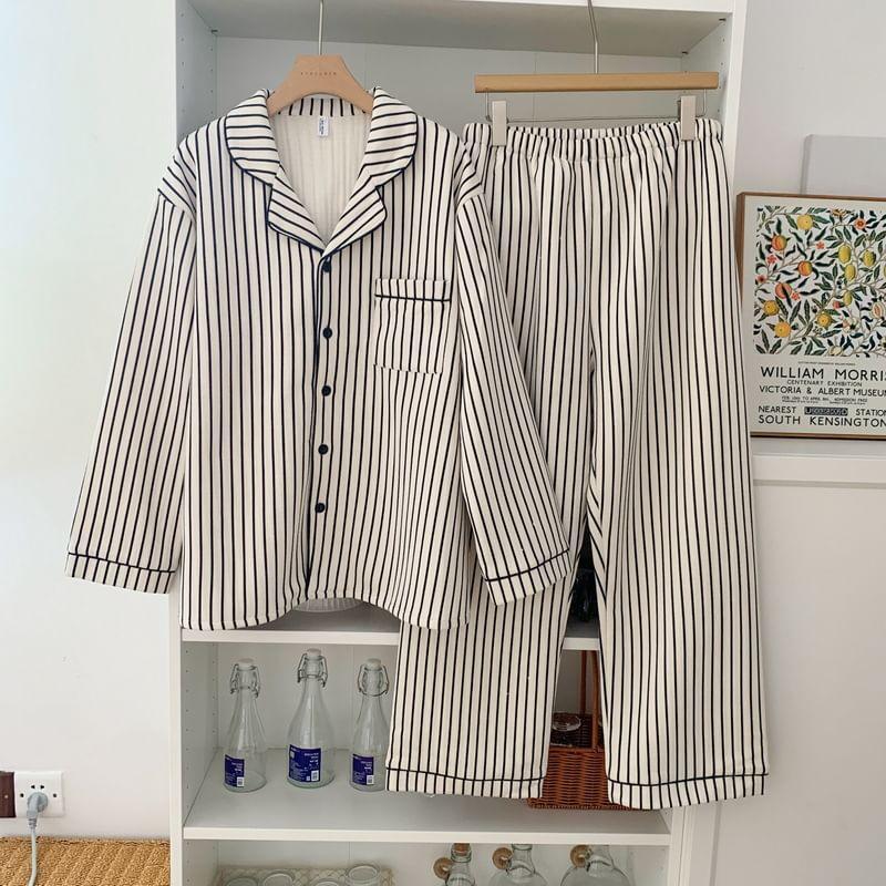 Couple Matching Pajama Set: Long-Sleeve Striped Button-Up Top + Pants (Various Designs) Product Image