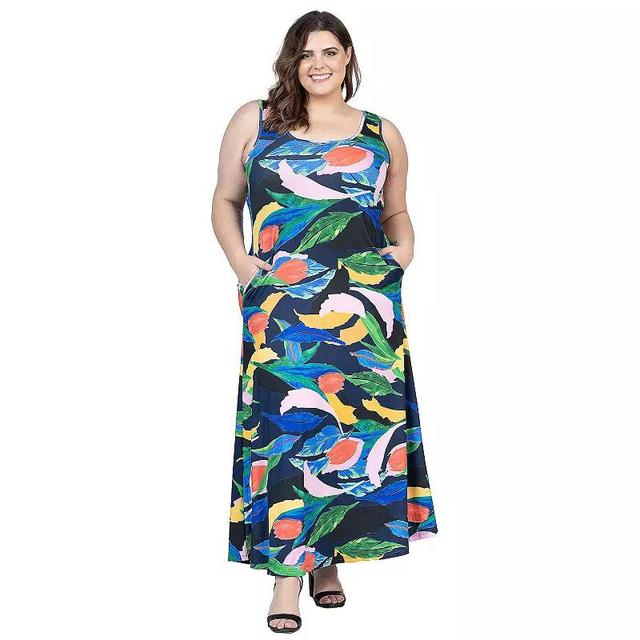 Plus Size 24Seven Comfort Floral Print Sleeveless Maxi Dress With Pockets, Womens Product Image